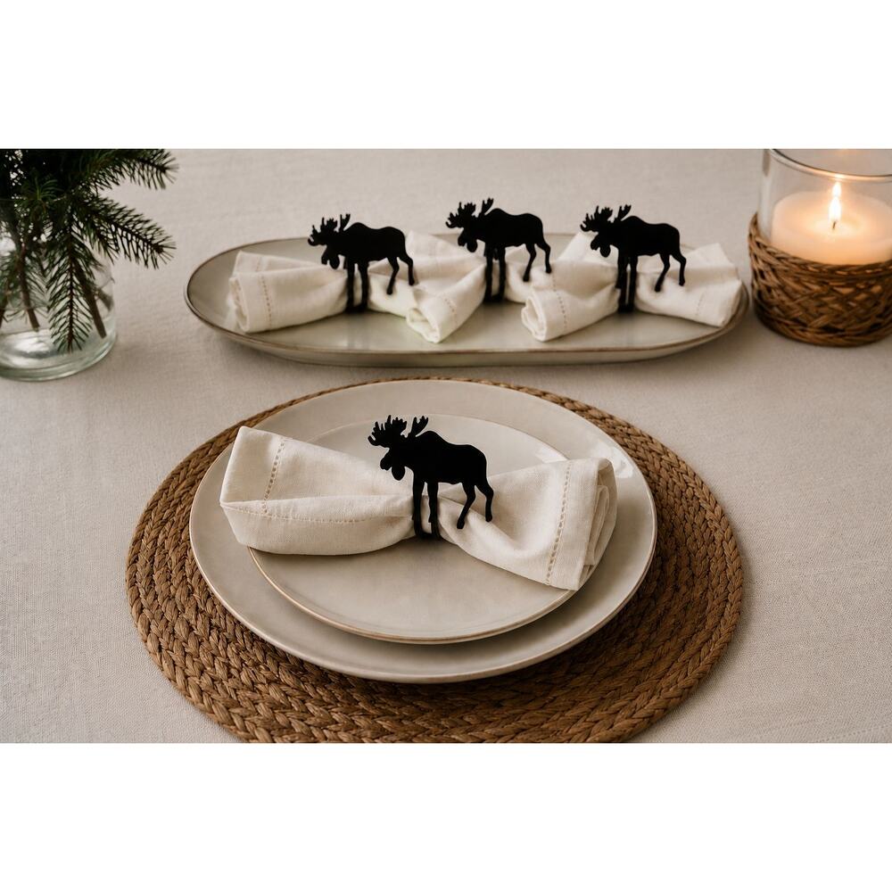 Set of 4 Moose Brown Metal Napkin Rings Rustic Cabin Lodge Table Decor